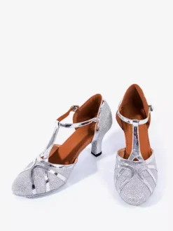 Womens Dance Shoes Gold Shiny Metallic Mid Heel Pointy-toe Shoes
