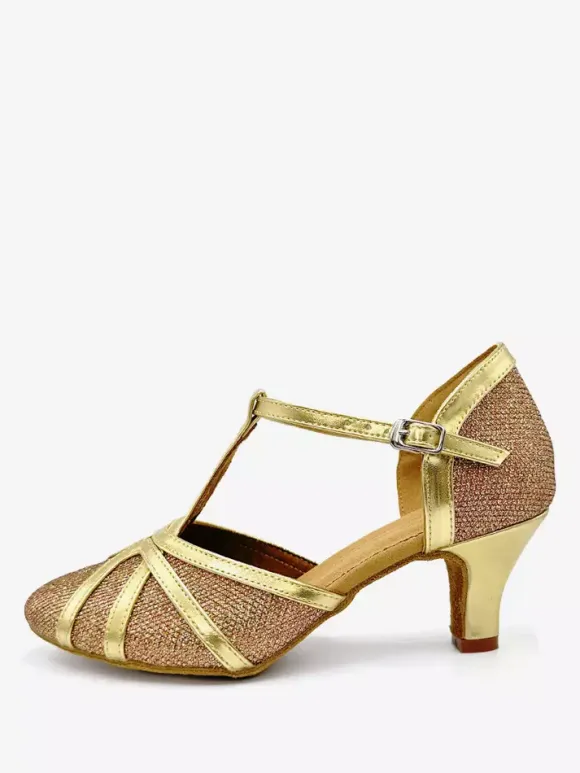 Womens Dance Shoes Gold Shiny Metallic Mid Heel Pointy-toe Shoes