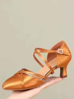 Womens Dance Shoes Red Satin Mid Heel Pointy-toe Shoes