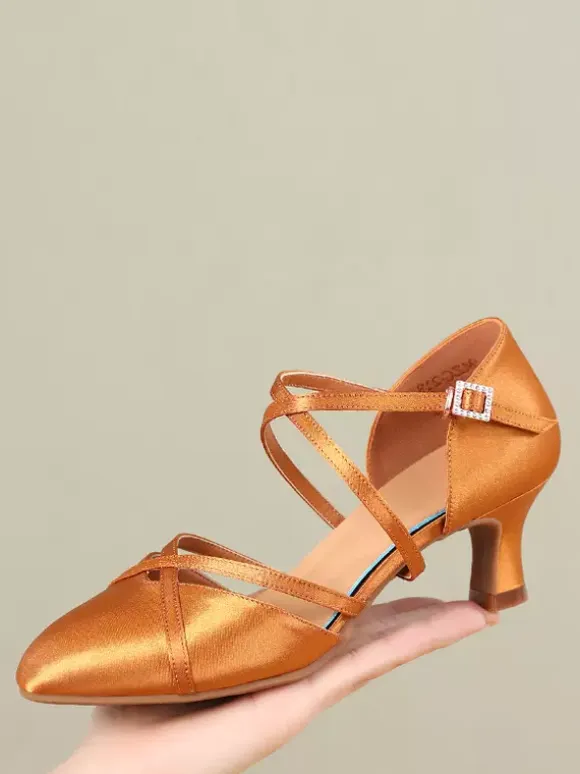 Womens Dance Shoes Red Satin Mid Heel Pointy-toe Shoes