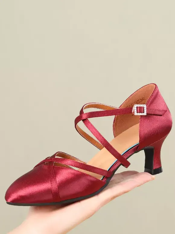 Womens Dance Shoes Red Satin Mid Heel Pointy-toe Shoes