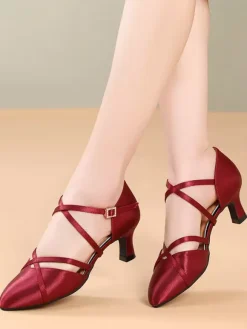 Womens Dance Shoes Red Satin Mid Heel Pointy-toe Shoes