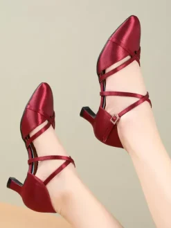 Womens Dance Shoes Red Satin Mid Heel Pointy-toe Shoes