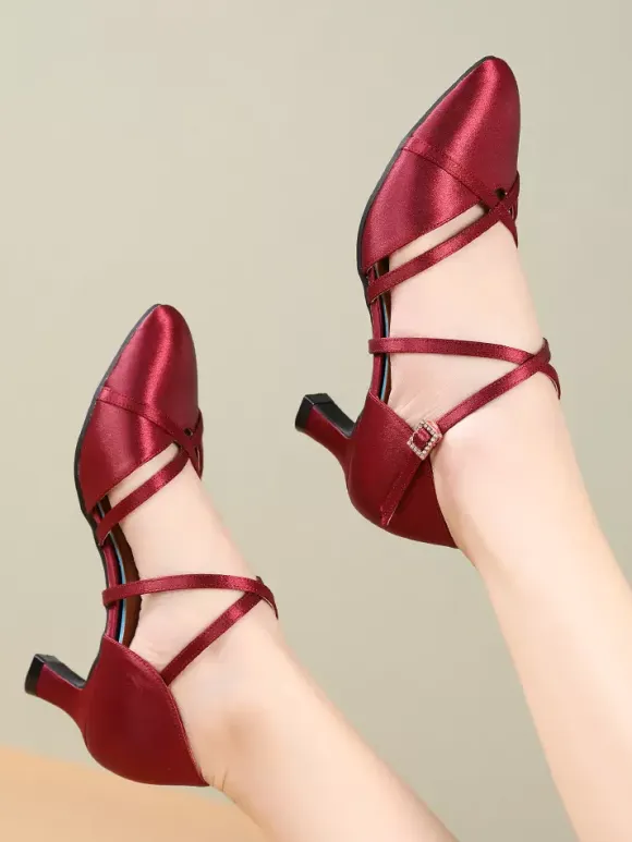 Womens Dance Shoes Red Satin Mid Heel Pointy-toe Shoes