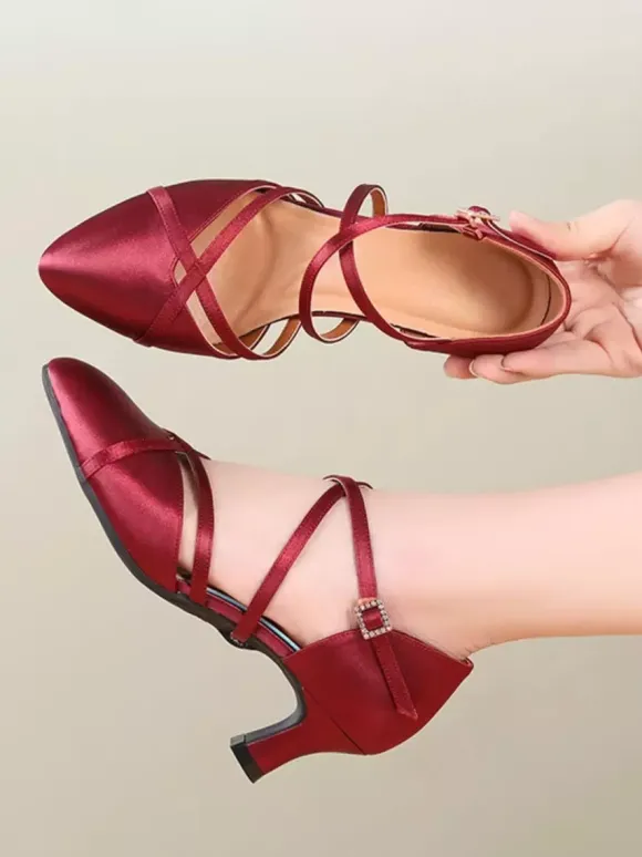 Womens Dance Shoes Red Satin Mid Heel Pointy-toe Shoes