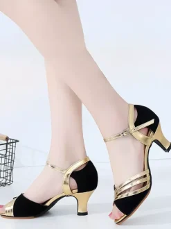Womens Dance Shoes Suede Leather Mid Heel Open Toe Shoes