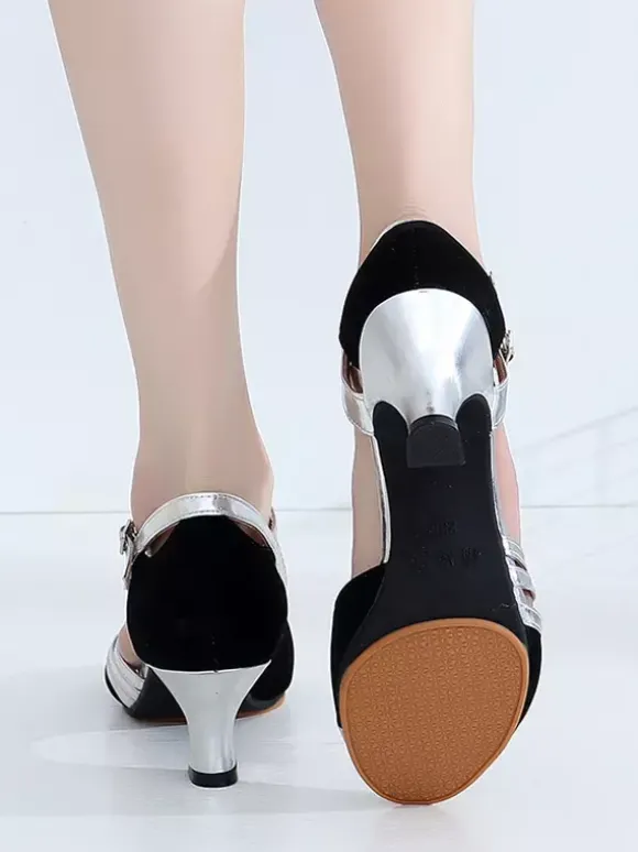 Womens Dance Shoes Suede Leather Mid Heel Open Toe Shoes