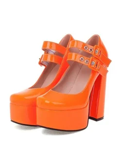 Women's Double Buckles Mary Jane Platform Chunky Heel Pumps