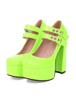 Women's Double Buckles Mary Jane Platform Chunky Heel Pumps