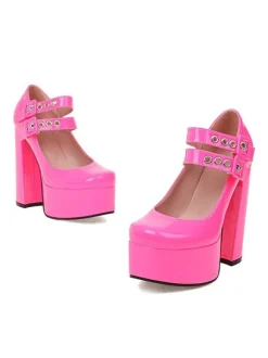 Women's Double Buckles Mary Jane Platform Chunky Heel Pumps