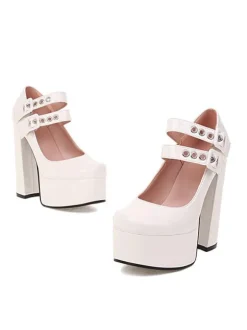 Women's Double Buckles Mary Jane Platform Chunky Heel Pumps