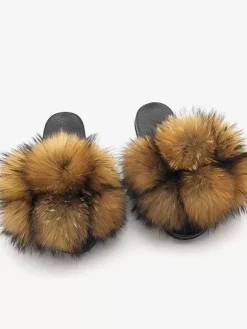 Women's Faux Fur Winter Slides Open Toe Flat Slide Sandals