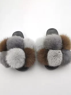 Women's Faux Fur Winter Slides Open Toe Flat Slide Sandals