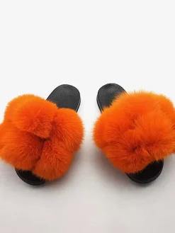 Women's Faux Fur Winter Slides Open Toe Flat Slide Sandals