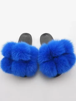Women's Faux Fur Winter Slides Open Toe Flat Slide Sandals