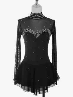 Womens Figure Ice Skating Dress High Elasticity Long Sleeve Mesh Diamond Hook Sleeves Competition Ice Dance Dress