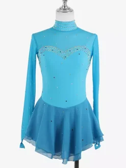 Womens Figure Ice Skating Dress High Elasticity Long Sleeve Mesh Diamond Hook Sleeves Competition Ice Dance Dress
