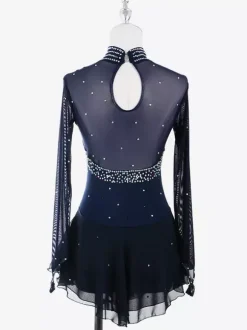 Womens Figure Ice Skating Dress High Elasticity Long Sleeve Mesh Diamond Hook Sleeves Competition Ice Dance Dress