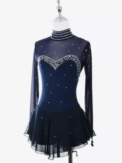 Womens Figure Ice Skating Dress High Elasticity Long Sleeve Mesh Diamond Hook Sleeves Competition Ice Dance Dress