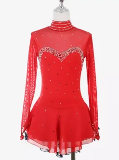 Womens Figure Ice Skating Dress High Elasticity Long Sleeve Mesh Diamond Hook Sleeves Competition Ice Dance Dress