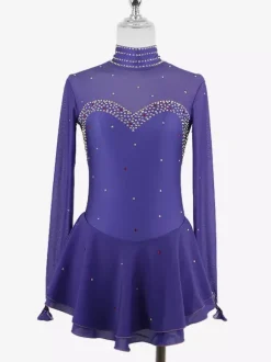 Womens Figure Ice Skating Dress High Elasticity Long Sleeve Mesh Diamond Hook Sleeves Competition Ice Dance Dress