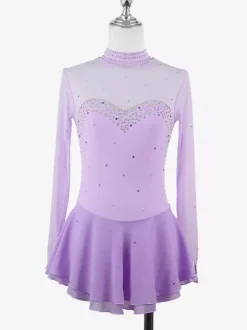 Womens Figure Ice Skating Dress High Elasticity Long Sleeve Mesh Diamond Hook Sleeves Competition Ice Dance Dress