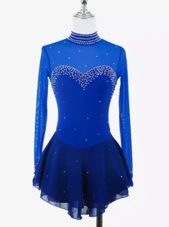 Womens Figure Ice Skating Dress High Elasticity Long Sleeve Mesh Diamond Hook Sleeves Competition Ice Dance Dress