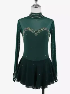 Womens Figure Ice Skating Dress High Elasticity Long Sleeve Mesh Diamond Hook Sleeves Competition Ice Dance Dress
