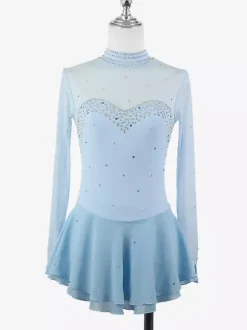 Womens Figure Ice Skating Dress High Elasticity Long Sleeve Mesh Diamond Hook Sleeves Competition Ice Dance Dress