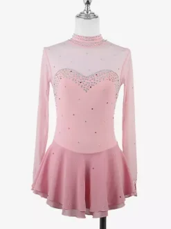 Womens Figure Ice Skating Dress High Elasticity Long Sleeve Mesh Diamond Hook Sleeves Competition Ice Dance Dress