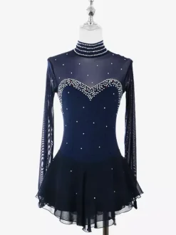 Womens Figure Ice Skating Dress High Elasticity Long Sleeve Mesh Diamond Hook Sleeves Competition Ice Dance Dress