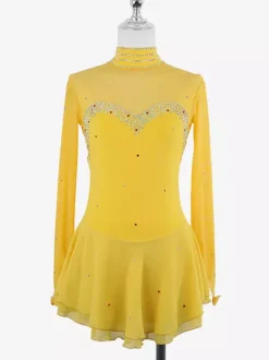 Womens Figure Ice Skating Dress High Elasticity Long Sleeve Mesh Diamond Hook Sleeves Competition Ice Dance Dress