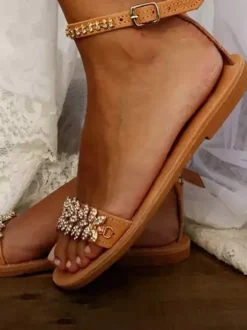 Women's Flat Ankle Strap Rhinestone Boho Bridal Shoes