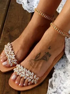 Women's Flat Ankle Strap Rhinestone Boho Bridal Shoes