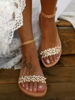 Women's Flat Ankle Strap Rhinestone Boho Bridal Shoes