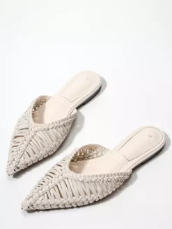 Women's Flat Mules Pointed Toe Cane Backless Beach Sandals