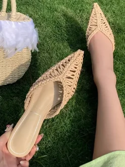 Women's Flat Mules Pointed Toe Cane Backless Beach Sandals