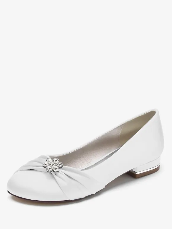 Women's Flat Wedding Shoes Satin Round Toe Rhinestones Flat Mother Of The Bride Shoes