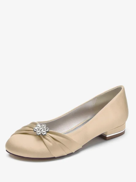 Women's Flat Wedding Shoes Satin Round Toe Rhinestones Flat Mother Of The Bride Shoes