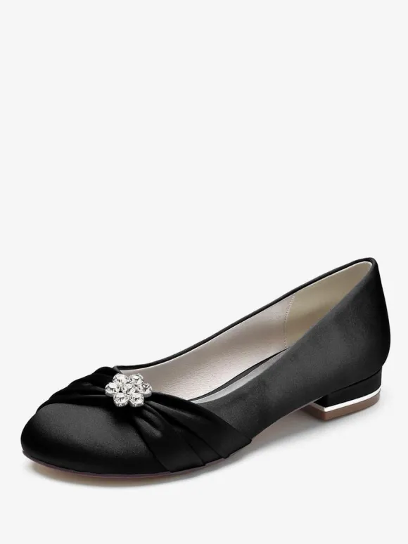 Women's Flat Wedding Shoes Satin Round Toe Rhinestones Flat Mother Of The Bride Shoes