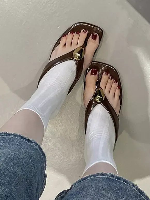 Women's Flip Flops Metal Detail Wedge Heel Sandal Slides