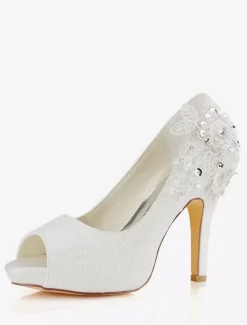 Women's Flowers Wedding Shoes Platform Heels in Satin