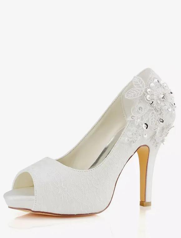 Women's Flowers Wedding Shoes Platform Heels in Satin