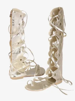 Women's Gold Gladiator Sandals Lace Up Flat Knee High Sandals