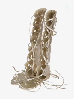 Women's Gold Gladiator Sandals Lace Up Flat Knee High Sandals