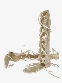 Women's Gold Gladiator Sandals Lace Up Flat Knee High Sandals