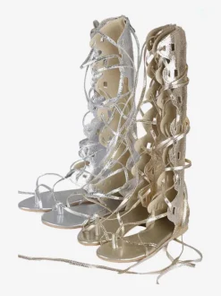 Women's Gold Gladiator Sandals Lace Up Flat Knee High Sandals