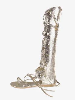 Women's Gold Gladiator Sandals Lace Up Flat Knee High Sandals