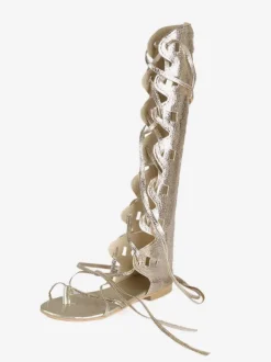 Women's Gold Gladiator Sandals Lace Up Flat Knee High Sandals