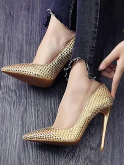 Women's Gold High Heels Woven Style Pointed Toe Stiletto Heel Pumps